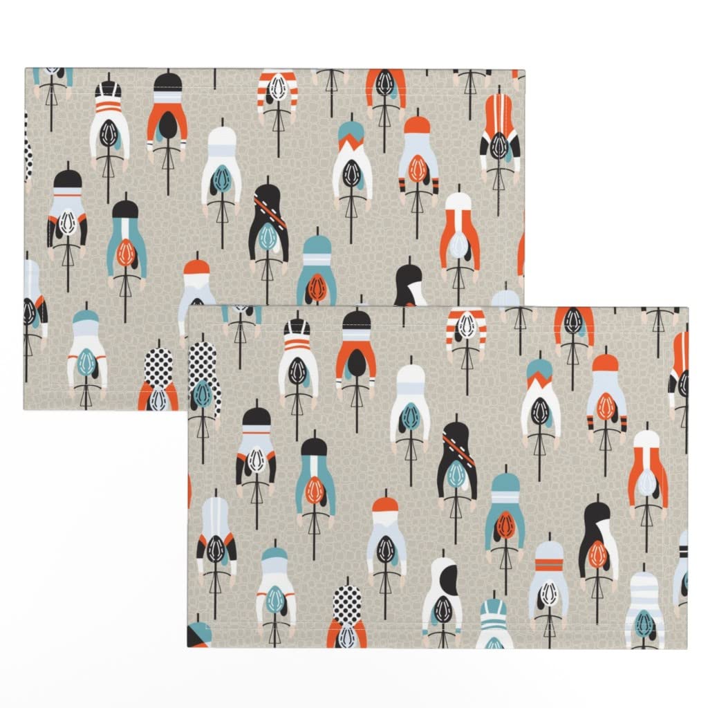 Premium Linen Cotton Canvas Placemats Set of 2 - Cycling Sport Bike Racing Design Washable Table Mats for Dining, Kitchen, Picnic & Outdoor Use