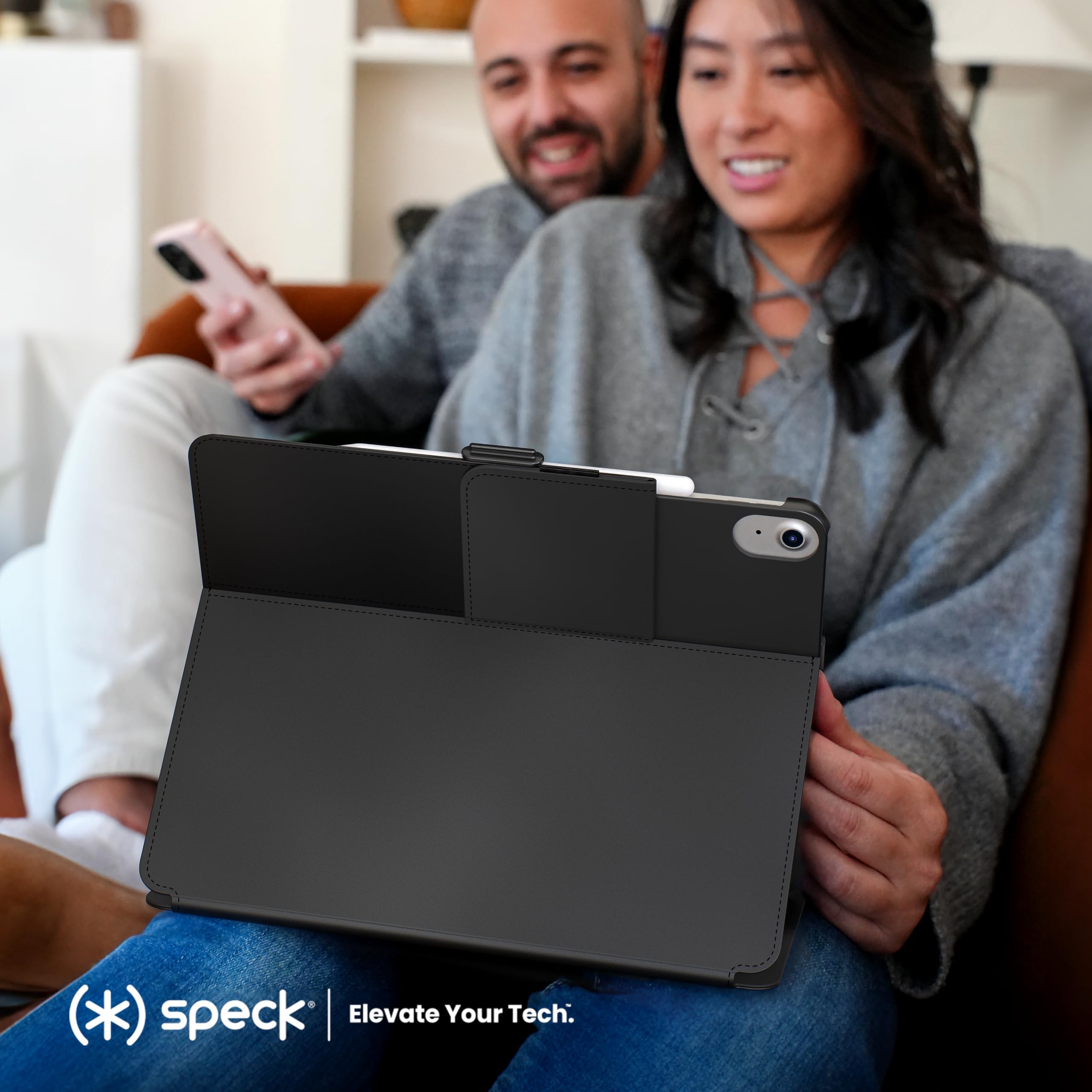 Speck iPad Air 11 Case (2024/2022/2020, 6th/5th/4th Gen) - Slim Protective Cover with Pencil Holder, Drop & Camera Protection, Multi-Angle Stand - Black/Black/White | Perfect for Work, Travel & Everyday Use