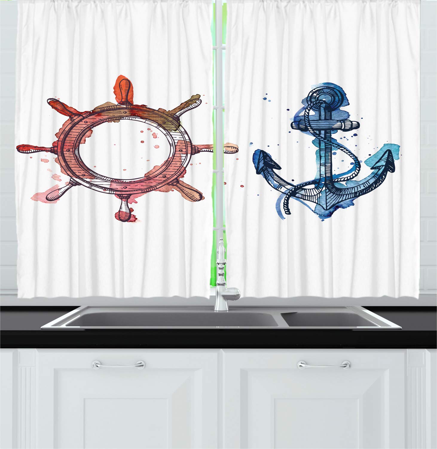 Ambesonne Nautical Long Kitchen Curtains - Anchor & Steering Wheel Watercolor Design with Ink Brush Effects, 2 Panels Rod Pocket Drapes 55