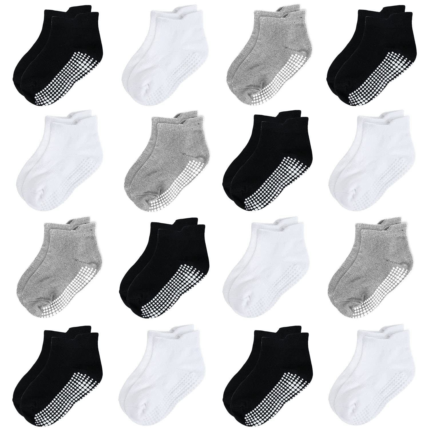 16 Pairs Non-Slip Toddler Socks with Grips - Anti-Skid Baby Ankle Socks for Boys & Girls (Ideal for Crawling, Walking & Playtime)