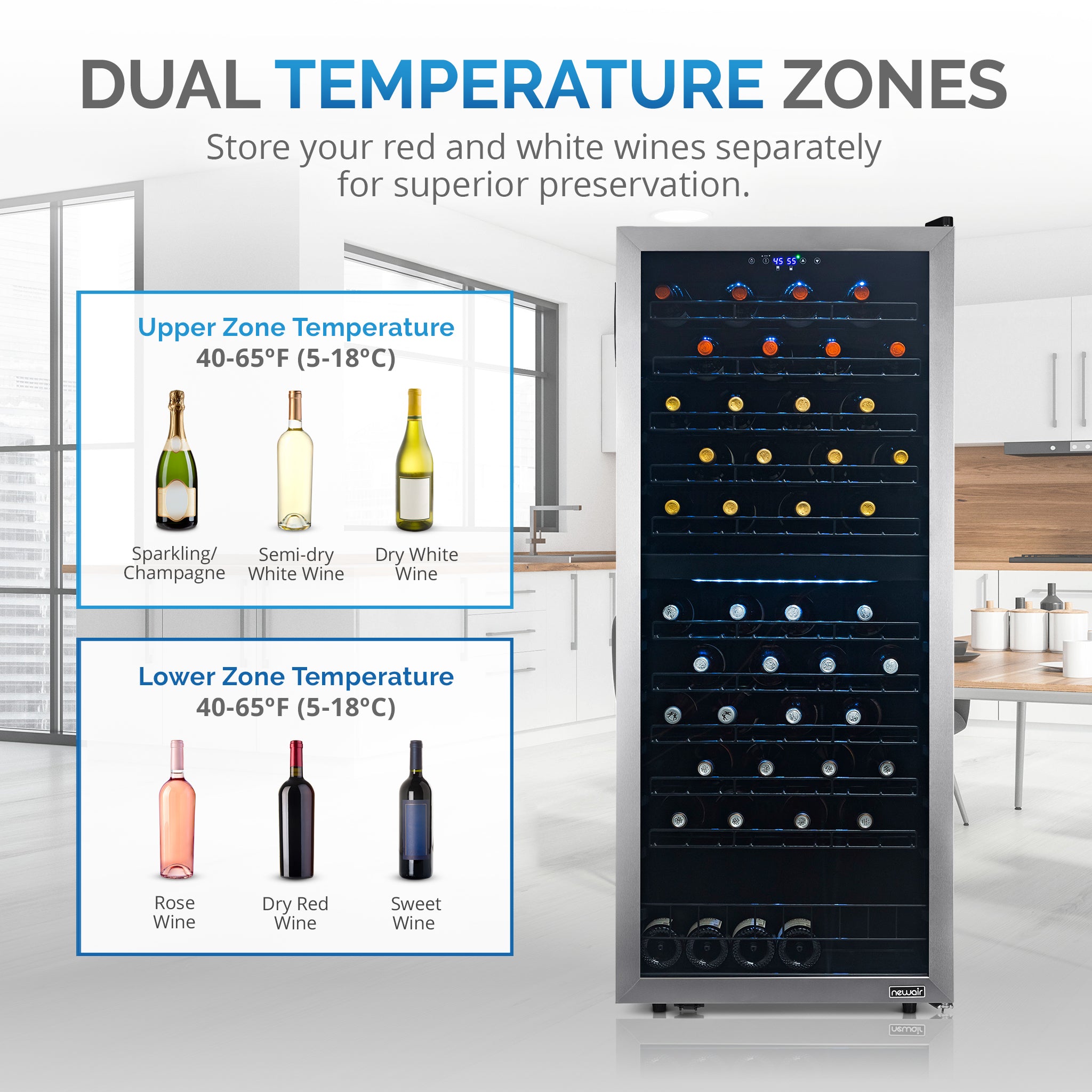 Newair® 98 Bottle 23 Inch Stainless Steel Freestanding Dual Zone Wine Cooler Refrigerator - Perfect for Home Bars, Restaurants, and Wine Cellars