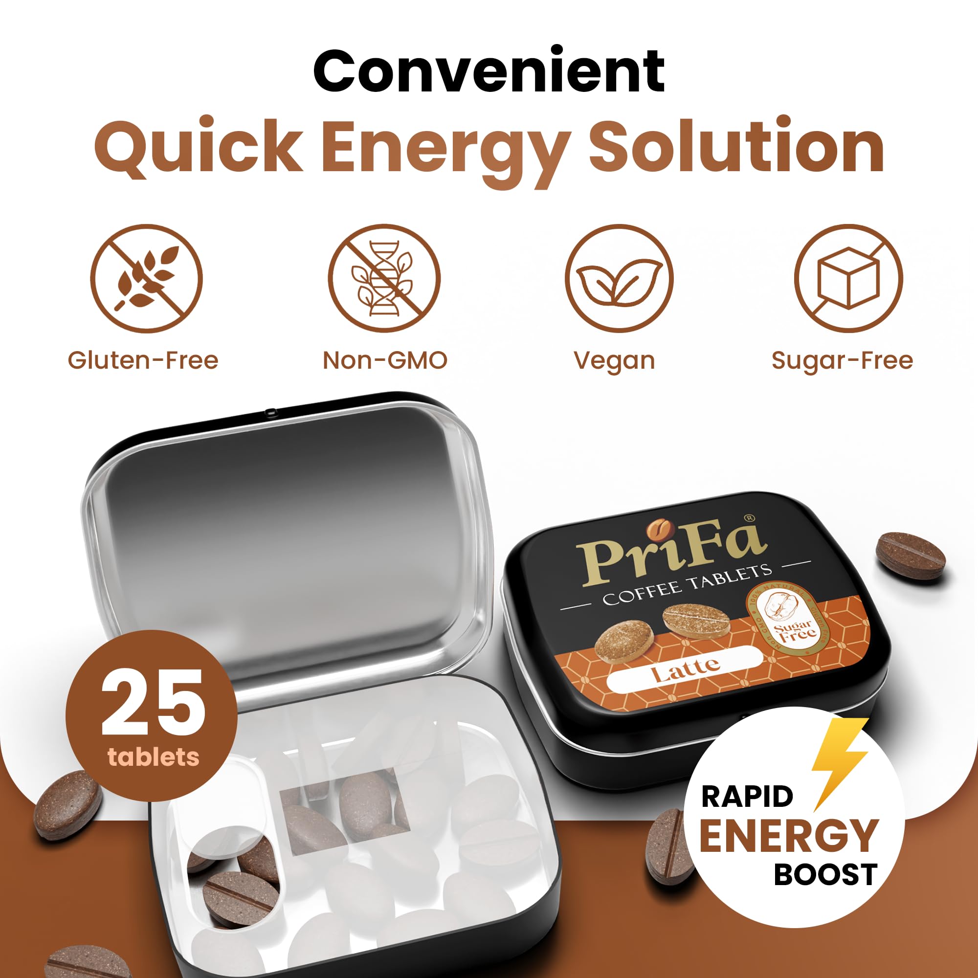 PRIFA Sugar-Free Coffee Tablets (250 Count) - Natural Keto, Gluten Free, Vegetarian, Non-GMO Caffeine Candies - Perfect for Office, Travel & Energy Boost (Latte Flavor)