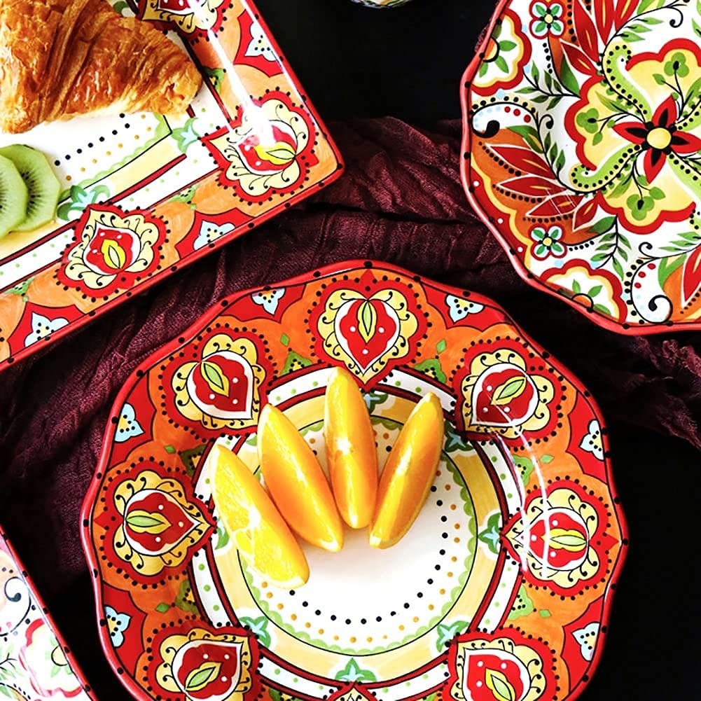 Exotic Style 6-Piece Ceramic Dinnerware Set - Hand Painted Red Plates & Bowls with Colorful Floral Patterns | Perfect for Carnival Parties, Home Dining, and Special Occasions