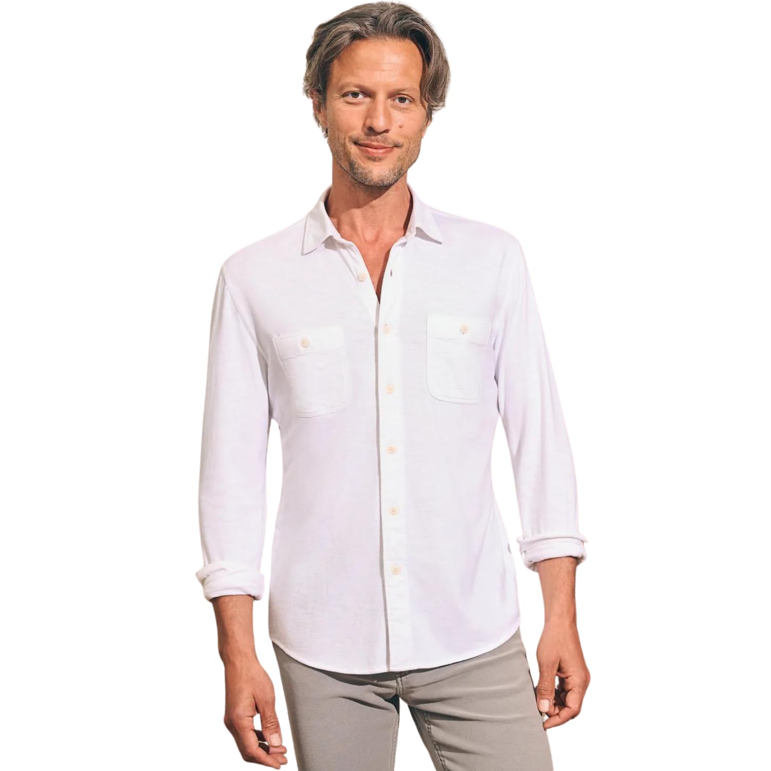 Faherty Men's Sunwashed Knit Shirt - Double Pocket Casual Button Down Shirt for Men, Breathable Summer Shirt in White, XXL (Extra Extra Large) | Perfect for Beach, Vacation & Outdoor Activities