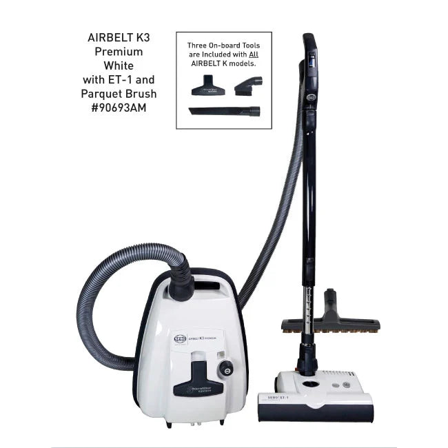 SEBO 90693AM AIRBELT K3 Premium Canister Vacuum Cleaner with Dual Control Handle, ET-1 Powerhead & Parquet Brush - White | Perfect for Hardwood Floors & Pet Hair Removal