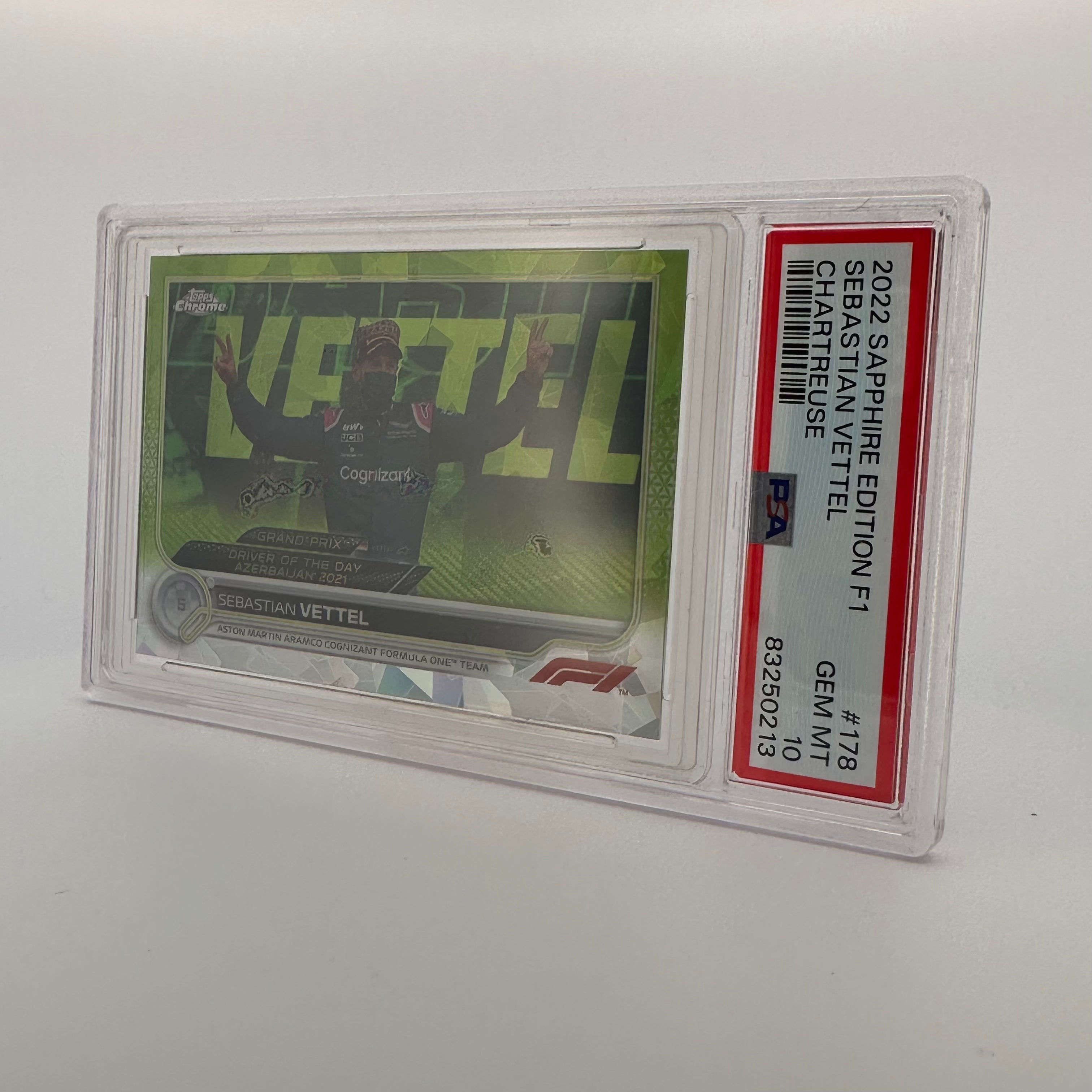 PSA 10 Sebastian Vettel #178 Sapphire Edition Chartreuse 143/199 - Rare F1 Racing Card for Collectors & Fans - Perfect for Display, Trading, and Investment