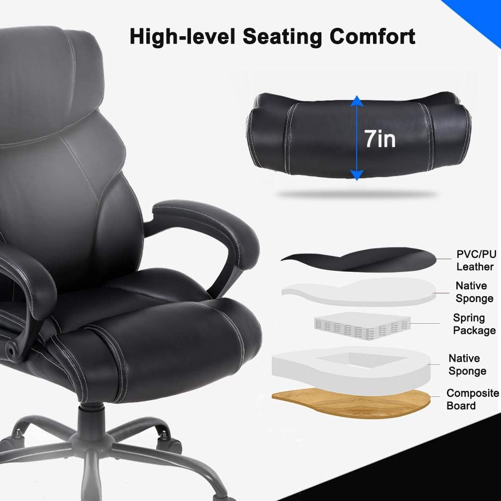 Ergonomic High Back Office Chair with Lumbar Support - 400lbs Weight Capacity Big & Tall Computer Desk Chair, Wide PU Leather Seat for Heavy People & Adults - Perfect for Home Office, Gaming & Workspaces (Black)