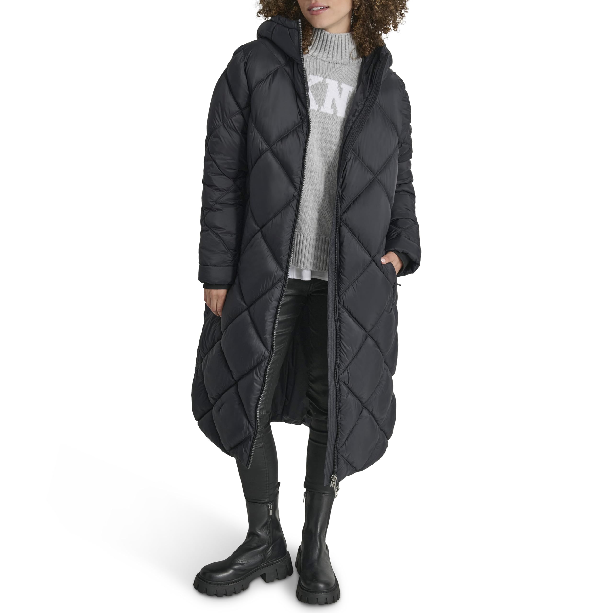 DKNY Women's Hooded Diamond Quilt Long Puffer Jacket - Winter Warm Coat for Casual Outings, Travel & Outdoor Activities
