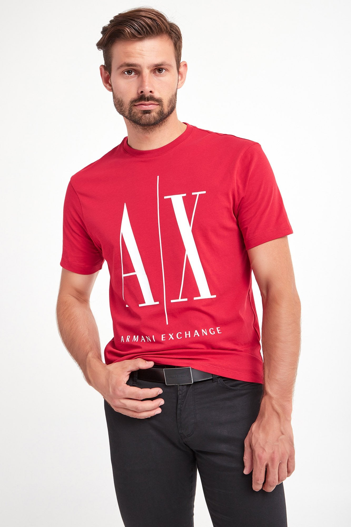 Armani Exchange Red and White Icon Logo T-Shirt for Men | Casual Short Sleeve Cotton Tee | Perfect for Streetwear, Date Nights & Everyday Wear