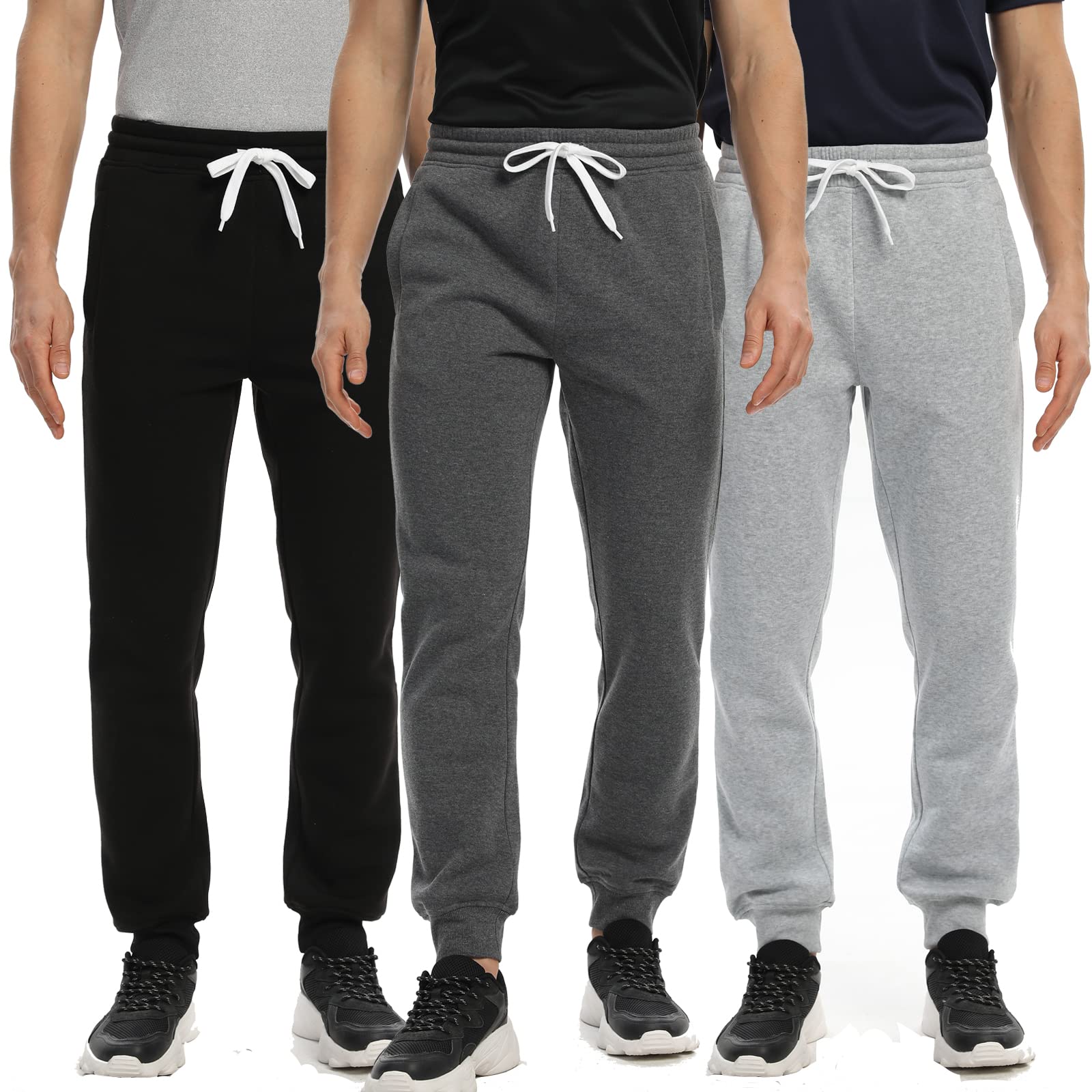 3 Pack Men's Fleece Joggers Sweatpants with Pockets & Zipper Pockets - Athletic Workout Gym Pants for Running, Training, and Casual Wear