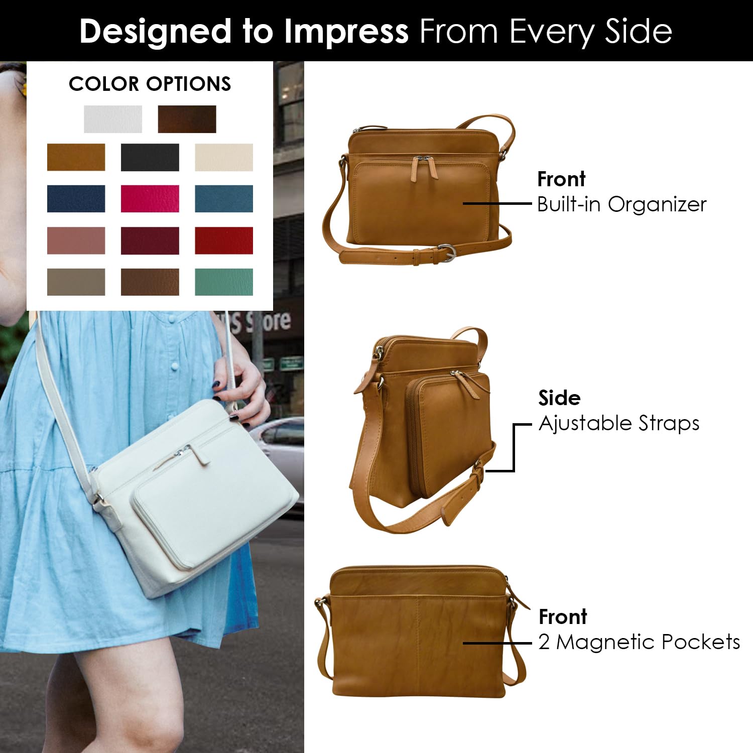 Premium Genuine Leather Crossbody Bag for Women - RFID Blocking Shoulder Purse with Adjustable Strap | Ideal for Travel, Work & Everyday Use | New York Style Handbag Organizer