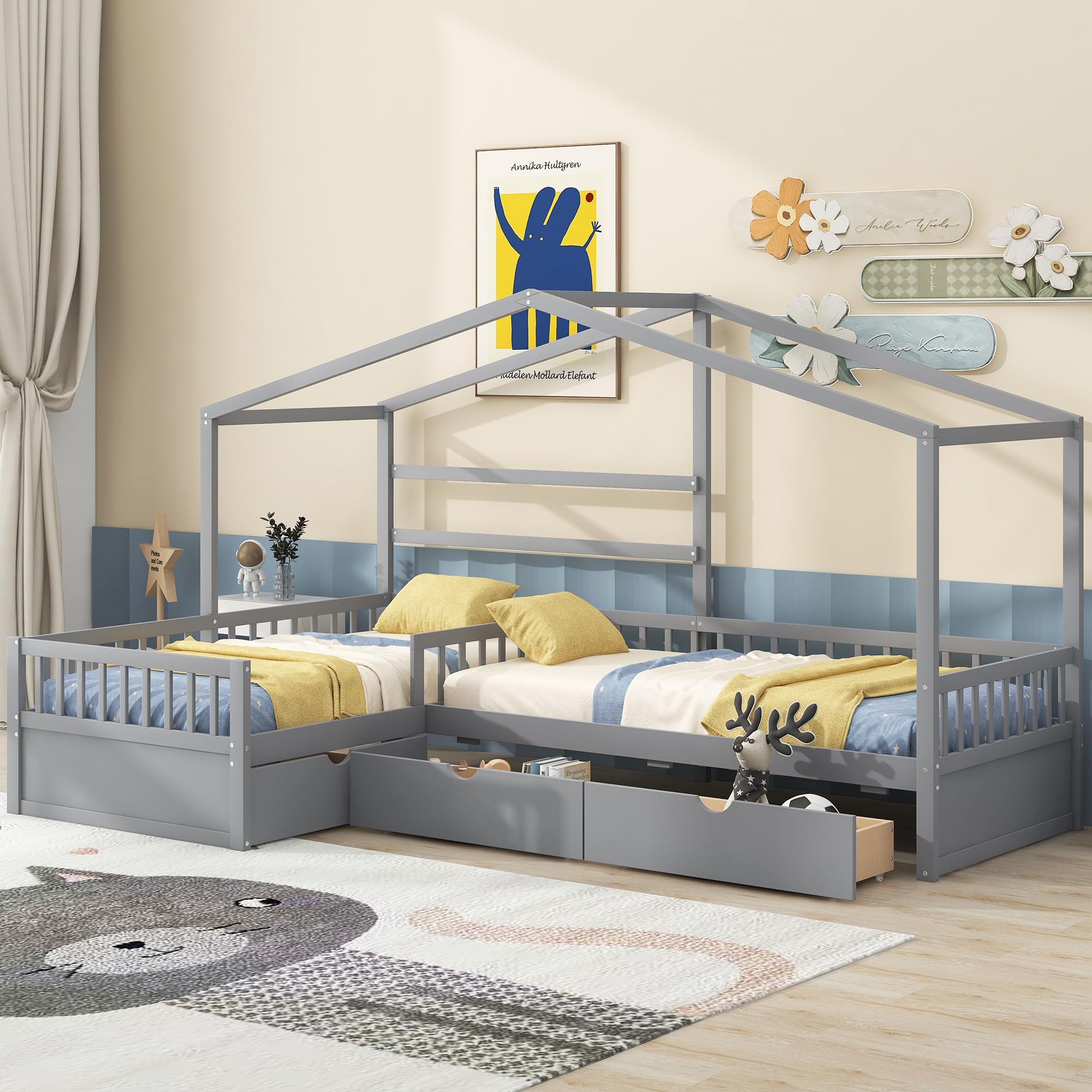 P PURLOVE L-Shaped Twin Wooden House Platform Bed Frame with 3 Storage Drawers & Guardrail - No Box Spring Needed, Gray - Perfect for Small Bedrooms, Kids Rooms & Space-Saving Storage Solutions
