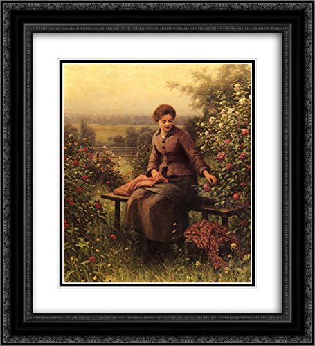 Seated Girl With Flowers - 20x22 Inch Black Ornate Frame & Double Matted Museum Art Print by Daniel Ridgway Knight - Perfect for Living Room, Bedroom, or Office Wall Decor