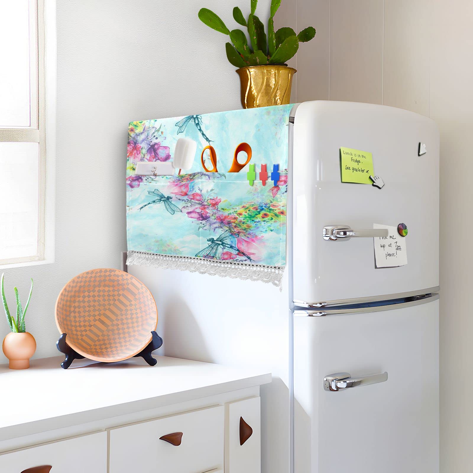 Waterproof Non-Slip Washing Machine Cover for Front Load Washer & Dryer - 51''x22'' Floral Dragonfly Design Dust Proof Top Mat with 4 Storage Bags | Perfect for Laundry Room, Basement & Home Decor