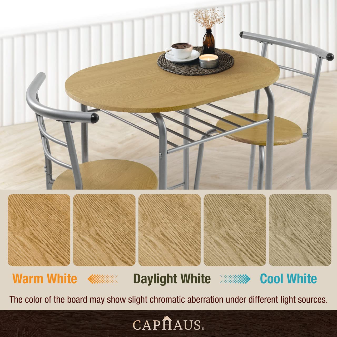 CAPHAUS 3-Piece Dining Set for 2 - Small Kitchen & Patio Table with Steel Frame & Wine Rack - Natural Oak Round Dining Table Set - Perfect for Outdoor Dining, Small Spaces & Apartment Living