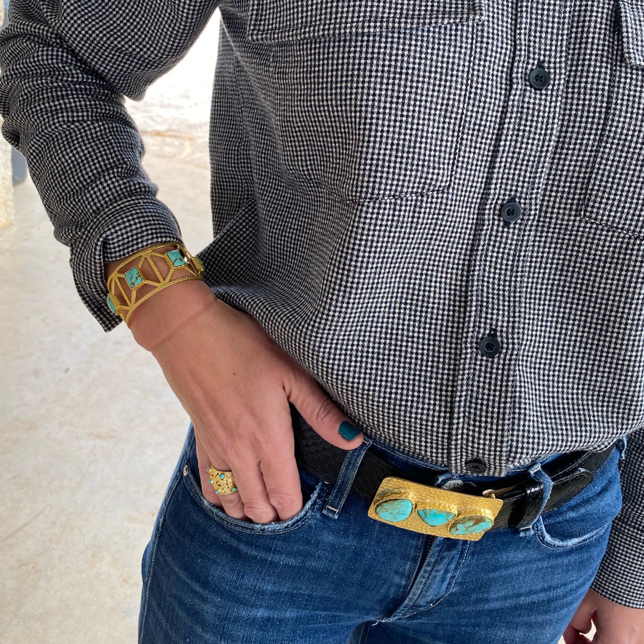 Turquoise and Hammered Gold Belt Buckle for Western Wear | Handcrafted Jewelry for Cowboy Boots & Jeans | Perfect for Rodeo, Country Music Festivals & Western Fashion