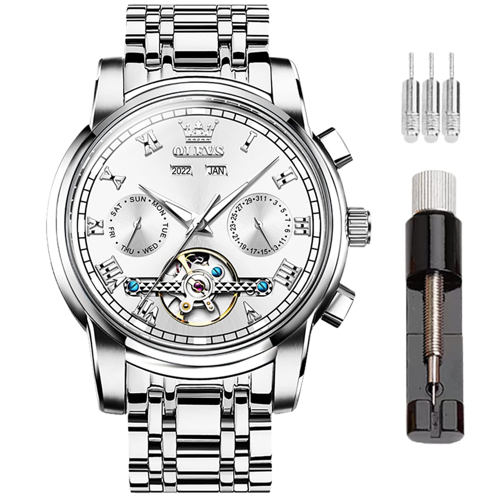 OLEVS Automatic Skeleton Watches for Men - Self-Winding Tourbillon Mechanical Watch with Date Display, Luxury Stainless Steel Waterproof Mens Watch | Perfect for Business, Formal Events & Everyday Wear