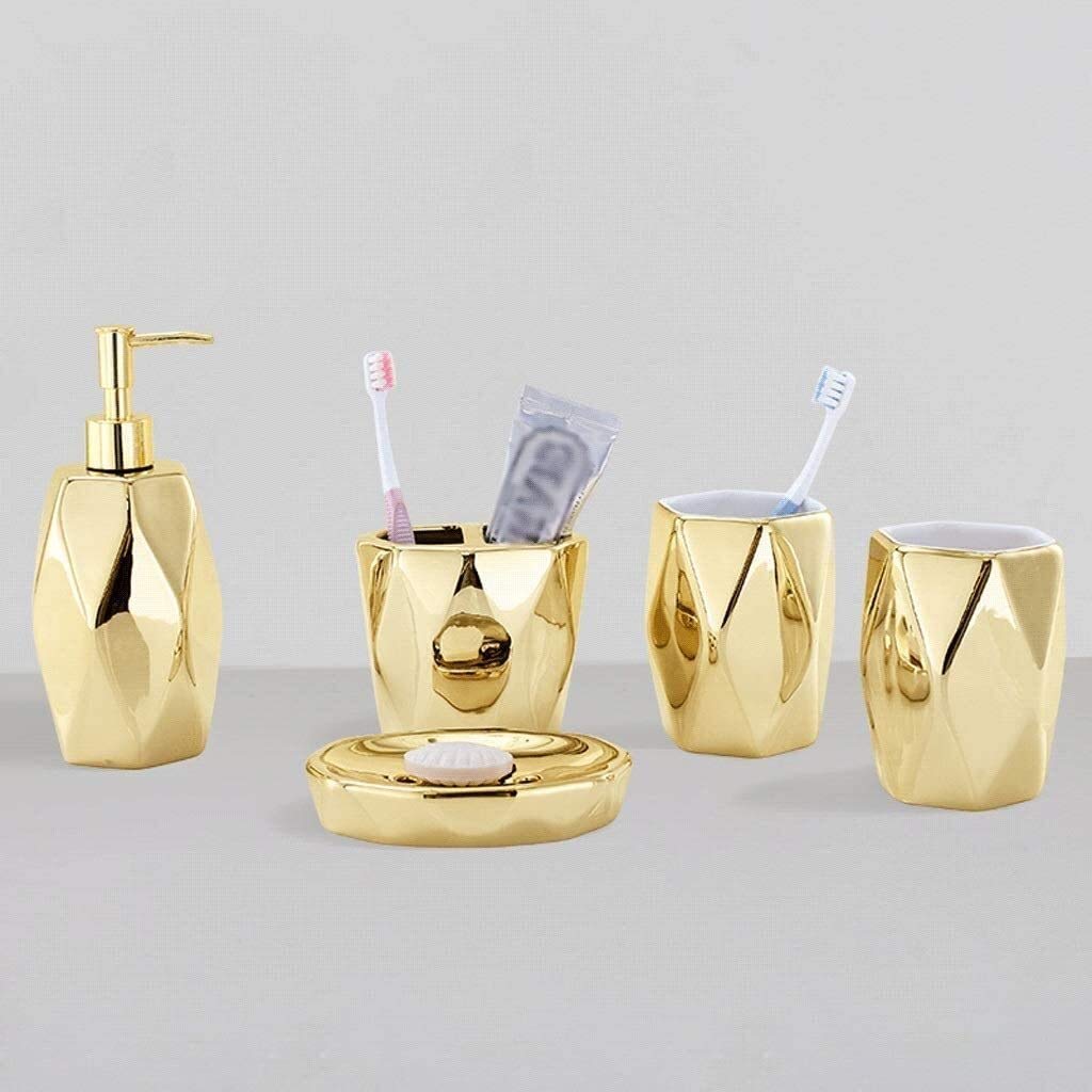Premium 5-Piece Ceramic Bathroom Accessory Set - Gold Soap Dispenser, Hand Sanitizer Dispenser, Toothbrush Holder, Mouthwash Cup & Soap Dish | Elegant Countertop Organizer for Bathroom Vanity, Guest Bath or Spa Retreat