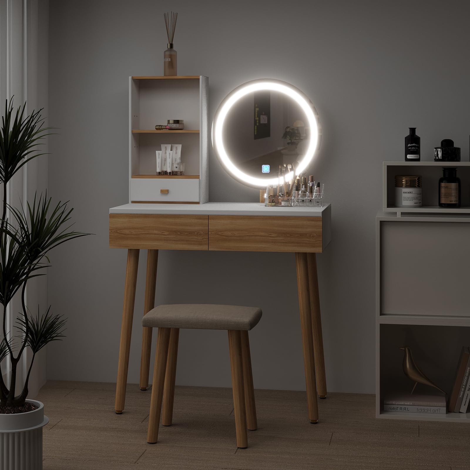 YOURLITE Makeup Vanity Desk with LED Lights - Adjustable Brightness Mirror, Compact Vanity Table with Drawers & Storage Shelves for Small Spaces - Perfect for Bedroom, Dorm & Apartment Beauty Setup