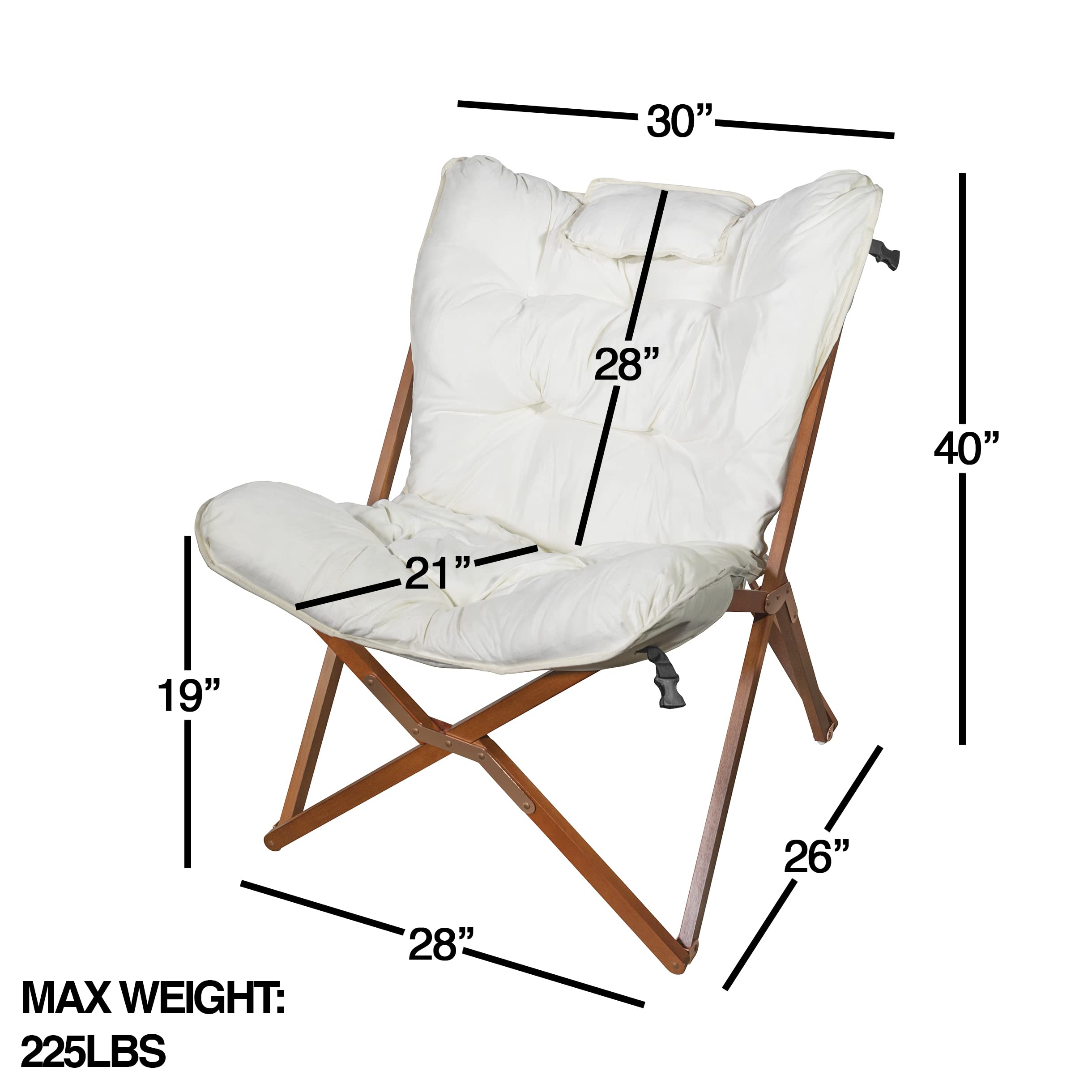 Zenithen White Wood Butterfly Folding Accent Chair - Compact Indoor Chair for Dorm, Bedroom & Living Room - Perfect for Reading, Studying, Gaming & Movie Nights - Space-Saving Home Decor & Comfort Seating Solution