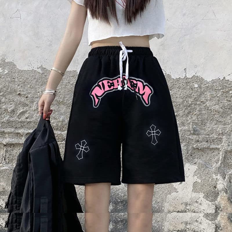 Oversized Kawaii Women's Long Shorts - High Waist Gym Running Athletic Shorts for Teens & Girls - Punk Goth Style Summer Beach Walking Home Wear - Perfect for Workouts, Yoga, and Casual Outfits