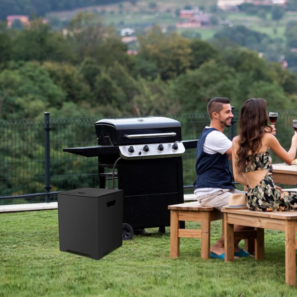 ThermoMate 20 LB Propane Tank Cover Table - Weatherproof Storage Box & Hideaway Side Table for Outdoor Fire Pit, Gas Griddle & BBQ - Durable Black Design for Patio, Deck & Backyard