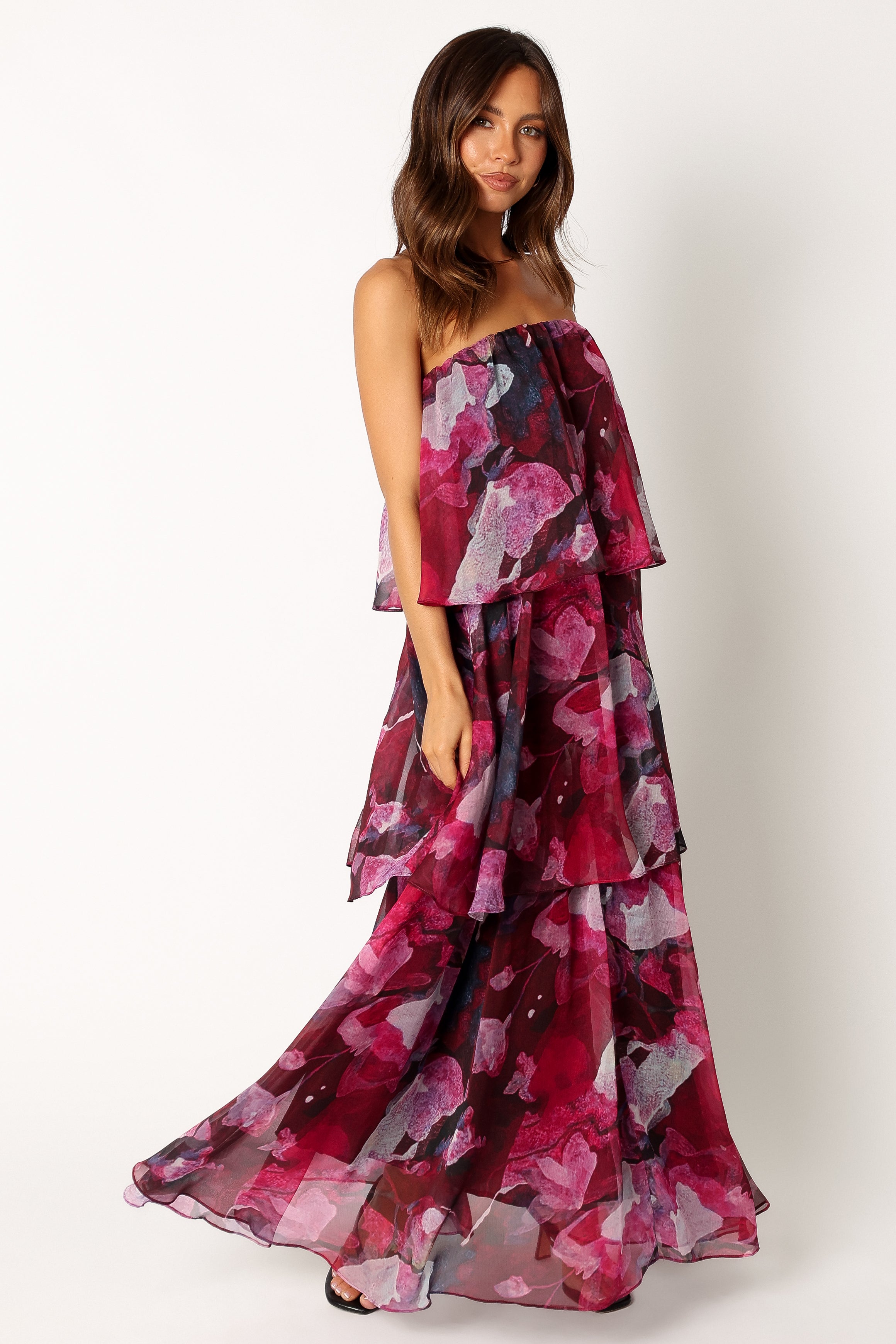 Bloom Strapless Maxi Dress - Purple Floral Print Summer Beach Wedding Party Dress for Women | Elegant Boho Style Formal Evening Gown