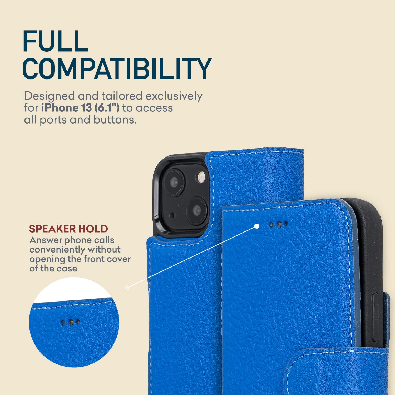Bayelon Premium Full Grain Leather iPhone 13 Case with Detachable Magnetic Wallet - 2-in-1 Flip Cover with Card Slots & Kickstand | MagSafe Compatible (Royal Blue) | Perfect for Business Travel & Daily Use