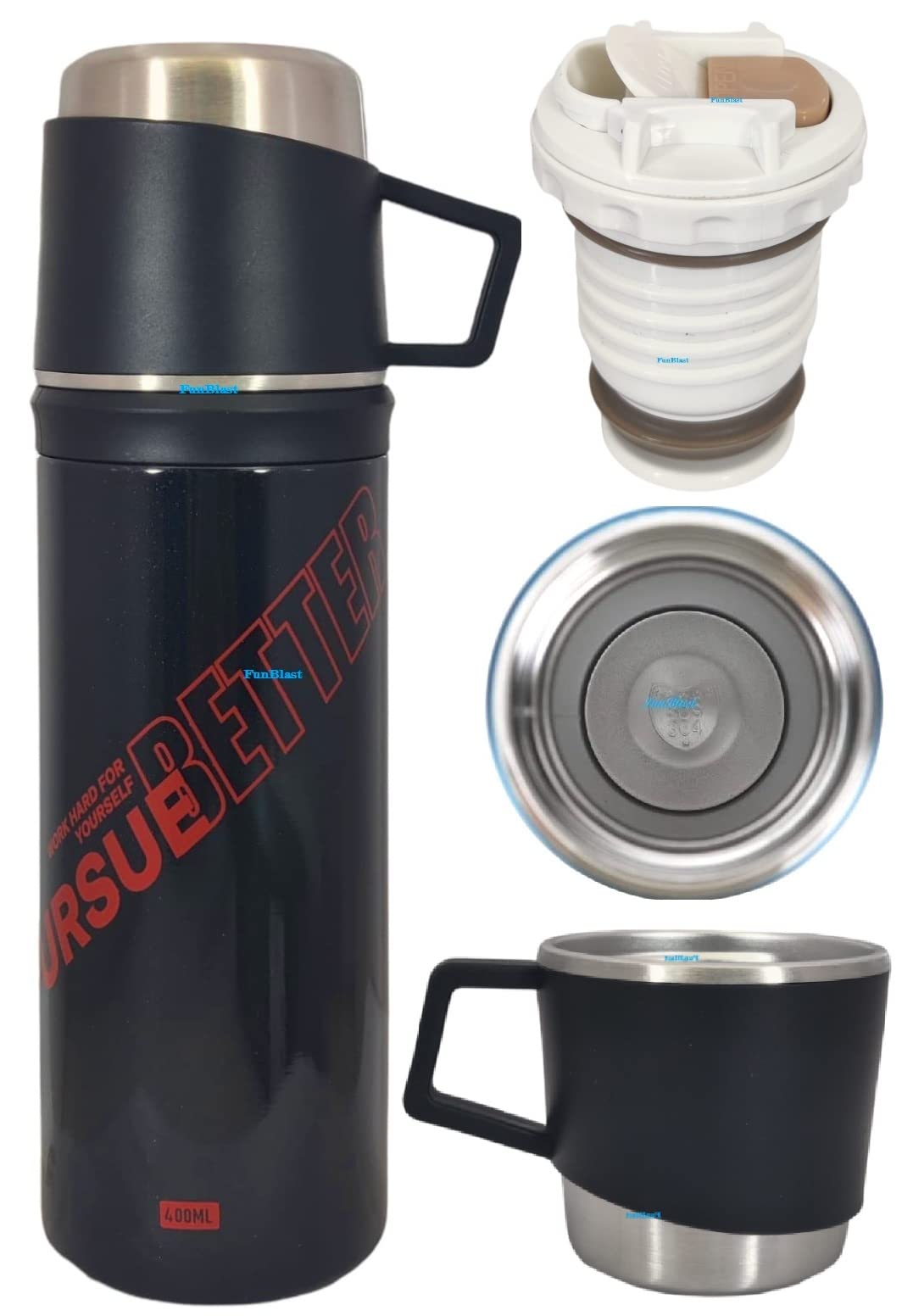 FunBlast 400ml Stainless Steel Vacuum Insulated Water Bottle - Double Wall Thermos for Hot & Cold Drinks, Leakproof Travel Mug with Cup Cap, Perfect for Coffee, Tea, Hiking, Camping & Office Use (Black, 2-Pack)