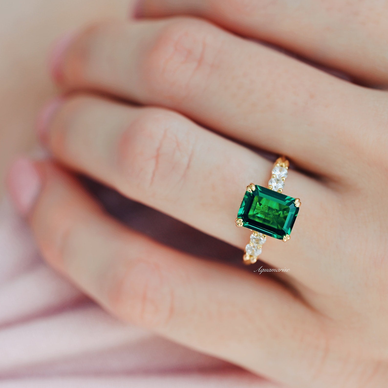 Hidden Halo Emerald Engagement Ring - 14K Yellow Gold Vermeil Wedding Band for Women, Perfect for Proposals, Anniversaries & Special Occasions