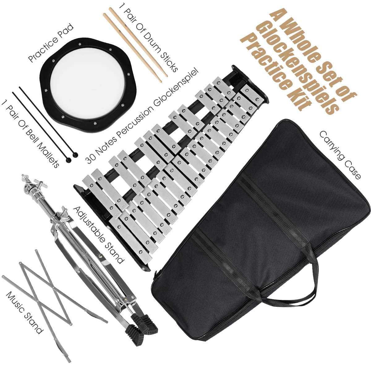 Giantex 30-Note Percussion Glockenspiel Bell Kit with Carry Case, Practice Pad, Adjustable Stand, Mallets & Wooden Sticks - Complete Xylophone Instrument Set for Kids, Beginners & School Music Classrooms (Perfect for Home Practice, Band Performances & Music Education)