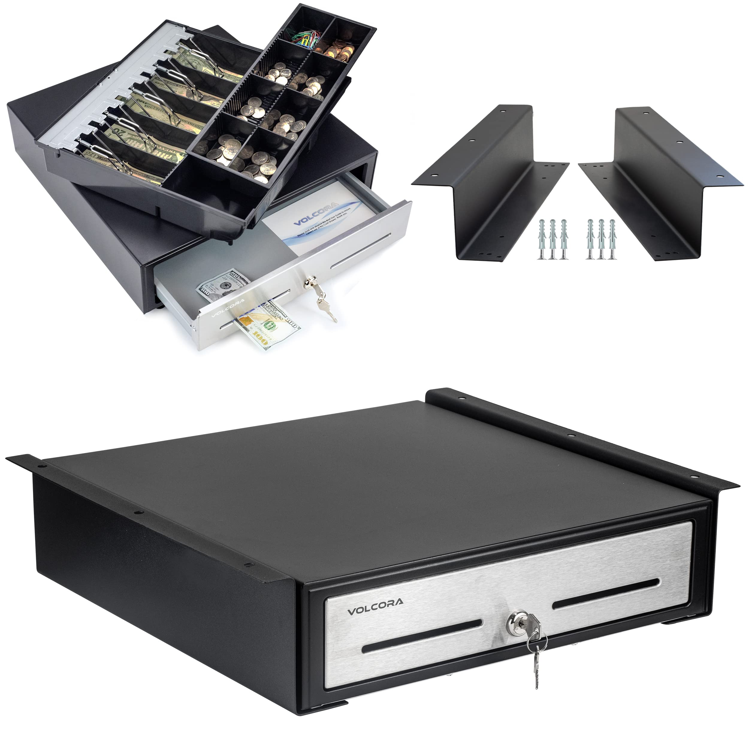16” Black/Stainless Steel POS Cash Register Drawer with Under Counter Mounting Bracket - Removable 2-Tier Cash Tray, 5 Bill & 8 Coin Compartments, 24V RJ11/RJ12 Key-Lock - Ideal for Retail Stores, Restaurants, and Small Businesses