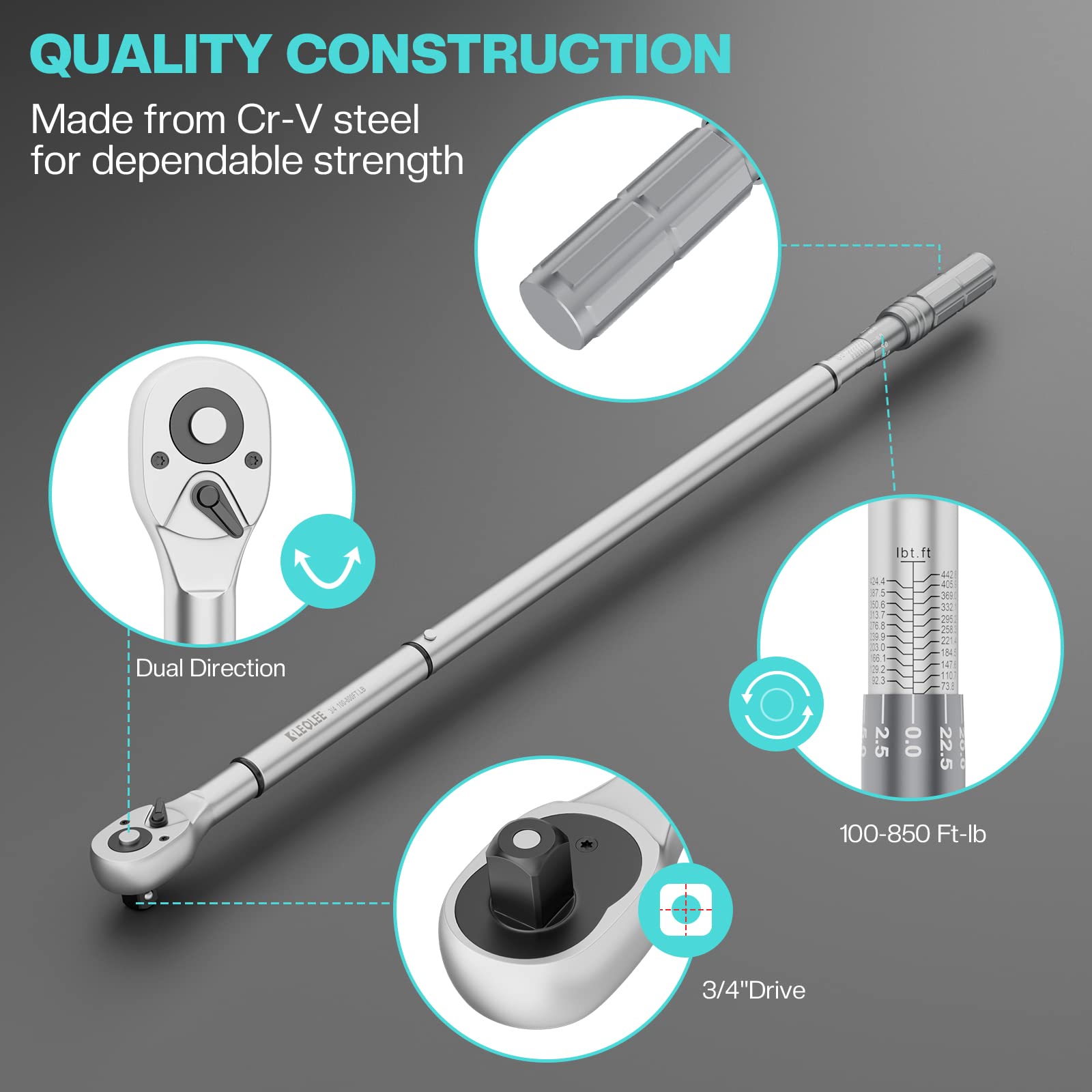 Leolee 3/4 Inch Drive Torque Wrench (100-800 ft-lbs/135-1084 Nm) - 47.24 Inch Adjustable Wrench with ±3% Accuracy & LH/RH Thread - Professional Automotive Repair Tool for Cars, Trucks, Tires & Mechanical Maintenance - Ideal for DIY Mechanics & Professional Technicians