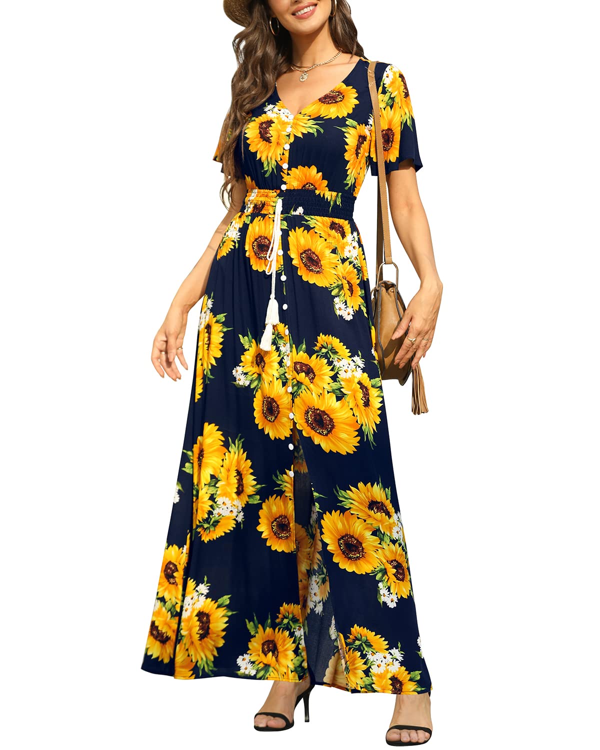 Floral Maxi Dress for Women - Button Up Front with Side Split, Flowy Summer Party Dress - Perfect for Beach Vacations, Weddings & Outdoor Events