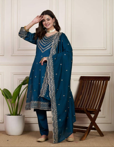 Peacock Blue Elegant Chanderi Silk Salwar Suit Set for Women | Traditional Indian Ethnic Wear | Perfect for Weddings, Festivals & Special Occasions