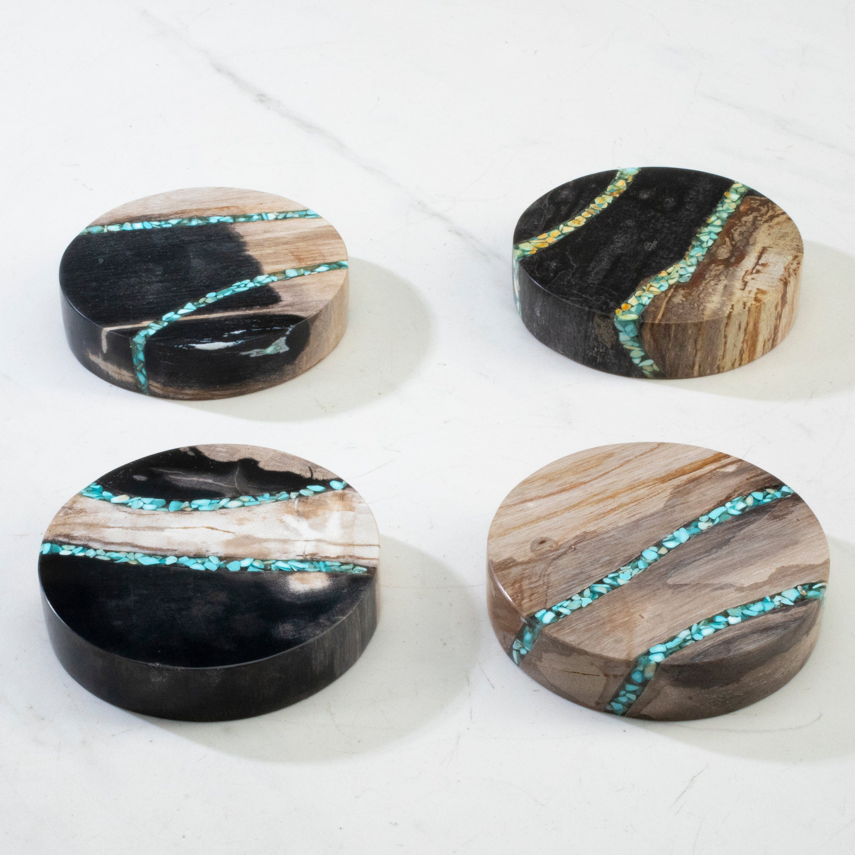 4-Pack Black Petrified Wood Coasters with Turquoise Inlay - Natural Stone Drink Coasters for Coffee Tables, Bars & Home Decor
