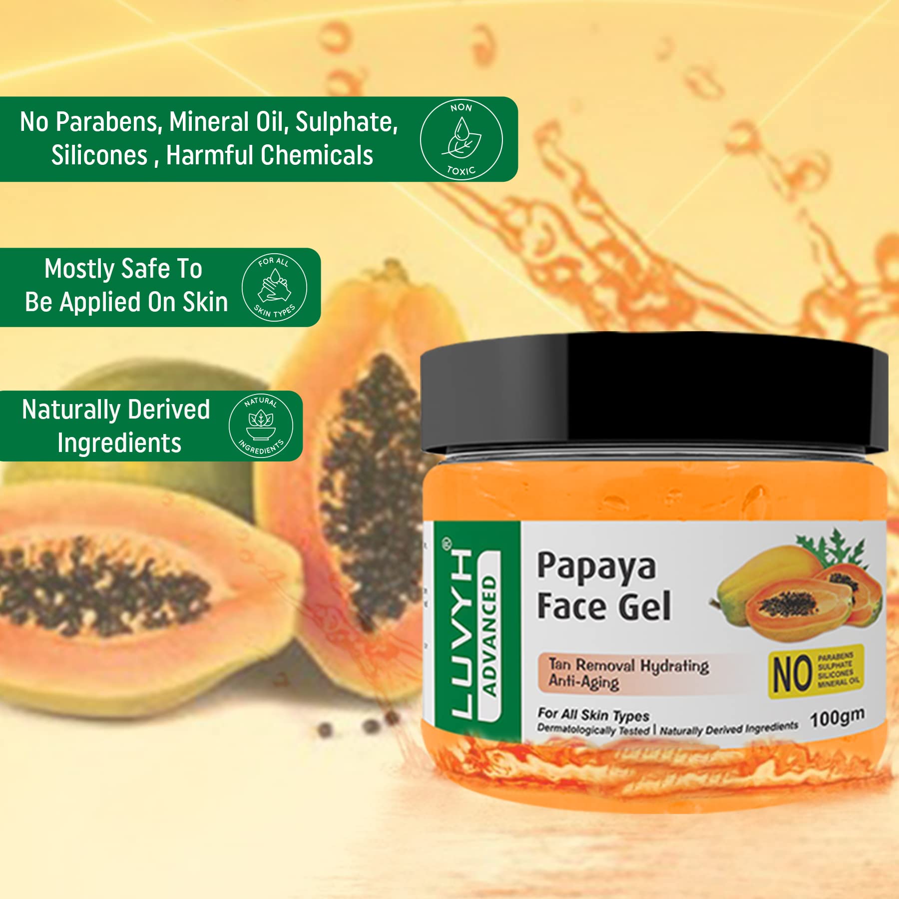 Luvyh Papaya Face Massage Gel (100g) - Natural Spot Removal & Skin Brightening with Papaya Extract | Reduces Wrinkles & Acne | Suitable for All Skin Types | Perfect for Daily Skincare Routine & Spa Treatments