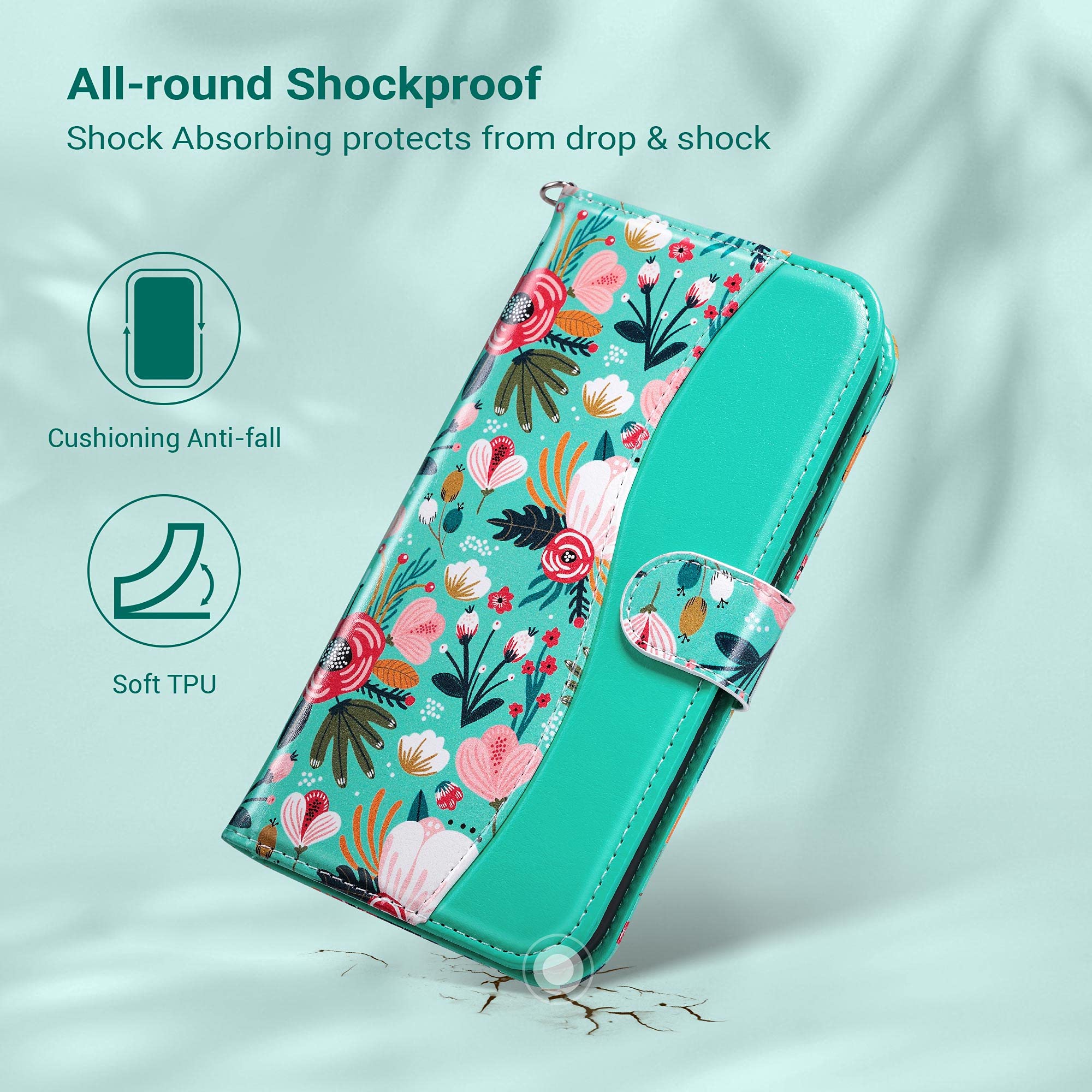 ULAK iPhone 13 Pro Max Wallet Case with Credit Card Holders - Flip PU Leather Kickstand Shockproof Protective Phone Cover for Women (6.7 inch, Mint Floral) - Perfect for Daily Use, Travel & Business Meetings