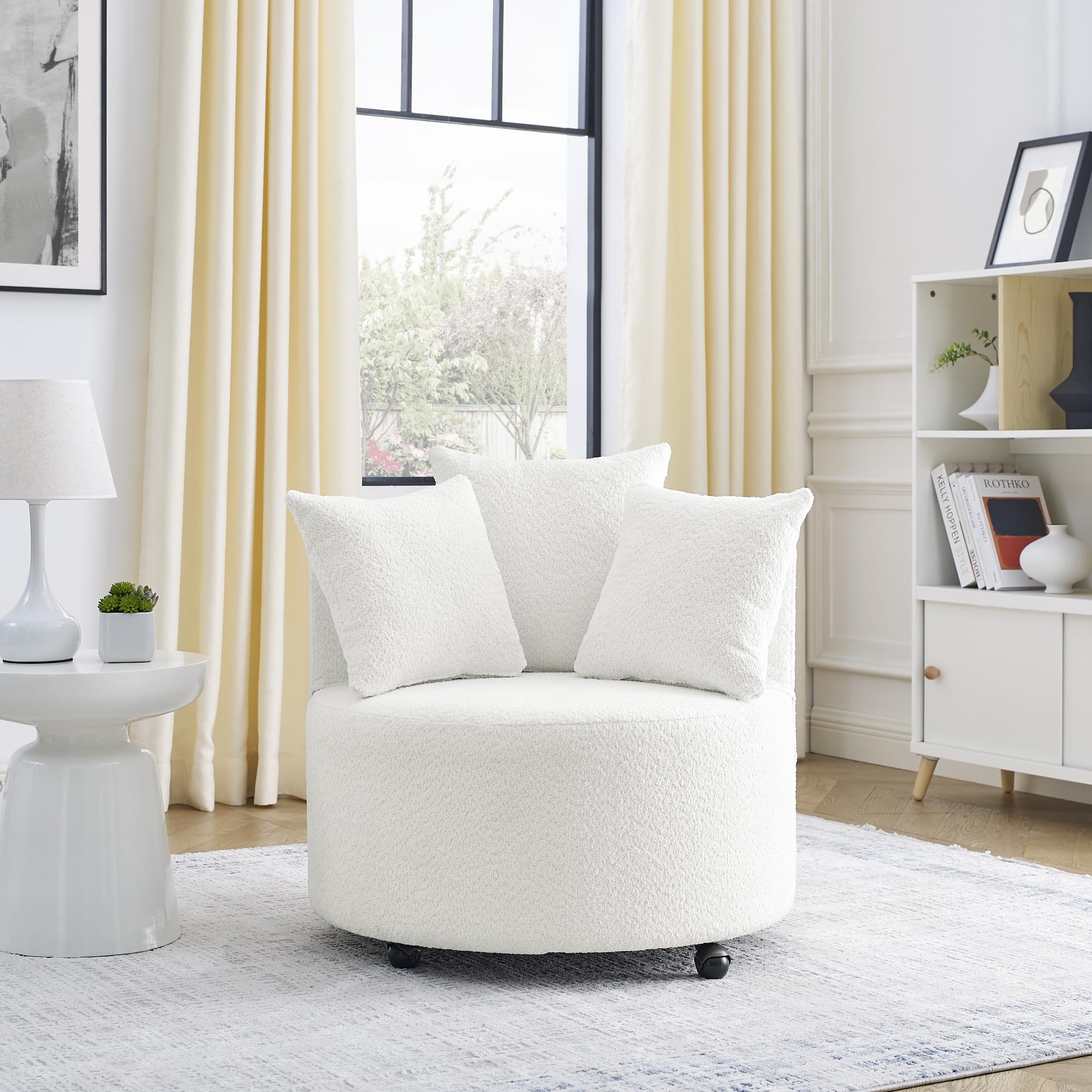 Ucloveria Round Swivel Chair with Wheels - 360 Degree Rotating Office Chair with 3 Comfort Pillows, Beige Loop Yarn Fabric for Living Room, Bedroom & Home Office (Ergonomic Desk Chair for Work & Relaxation)