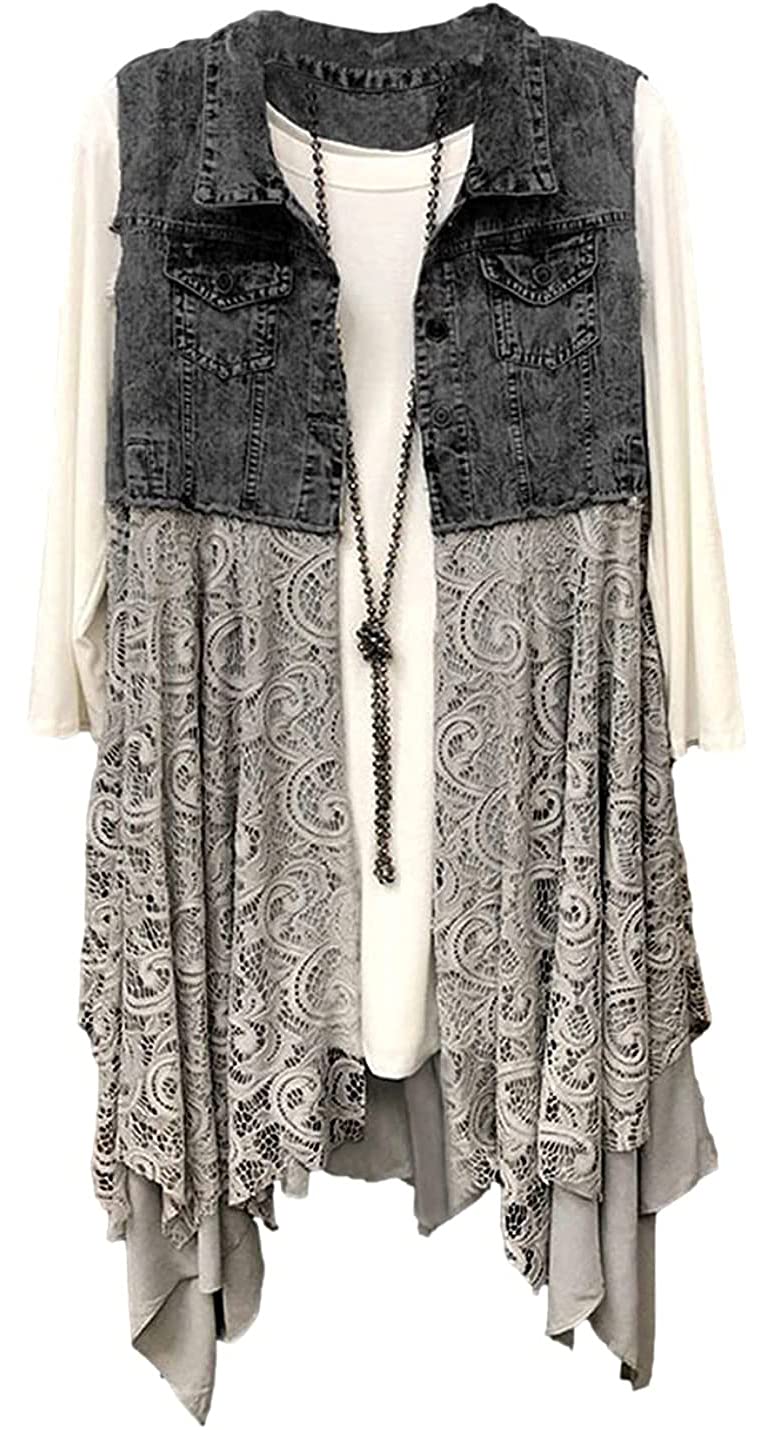 Women's Denim Vest - Mid Long Patchwork Design with Irregular Lace Hem, Sleeveless Jean Jacket | Perfect for Layering, Casual Outfits, and Boho Fashion Styles
