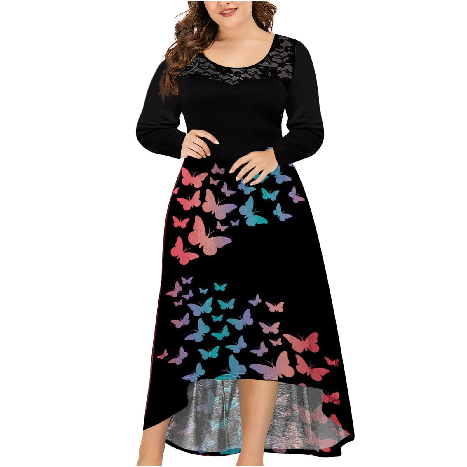 Elegant Plus Size Wedding Guest Dresses for Women - Lace Long Sleeve High Waist Butterfly Print Maxi Dress for Formal Events, Parties & Special Occasions