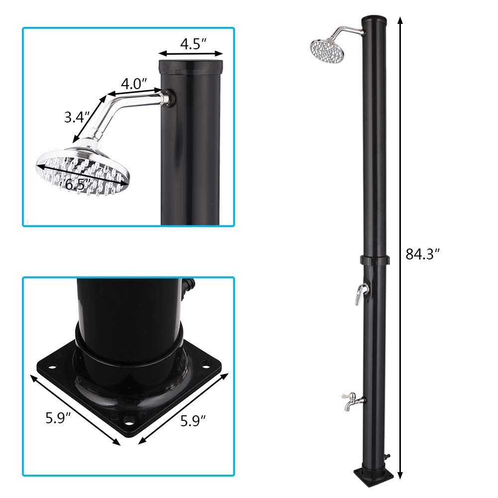 VINGLI 7.2Ft 5.5 Gallon Solar Outdoor Shower with Shower Head & Foot Tap - Portable Camping, Beach, Poolside, Backyard, Garden, RV Use - Black