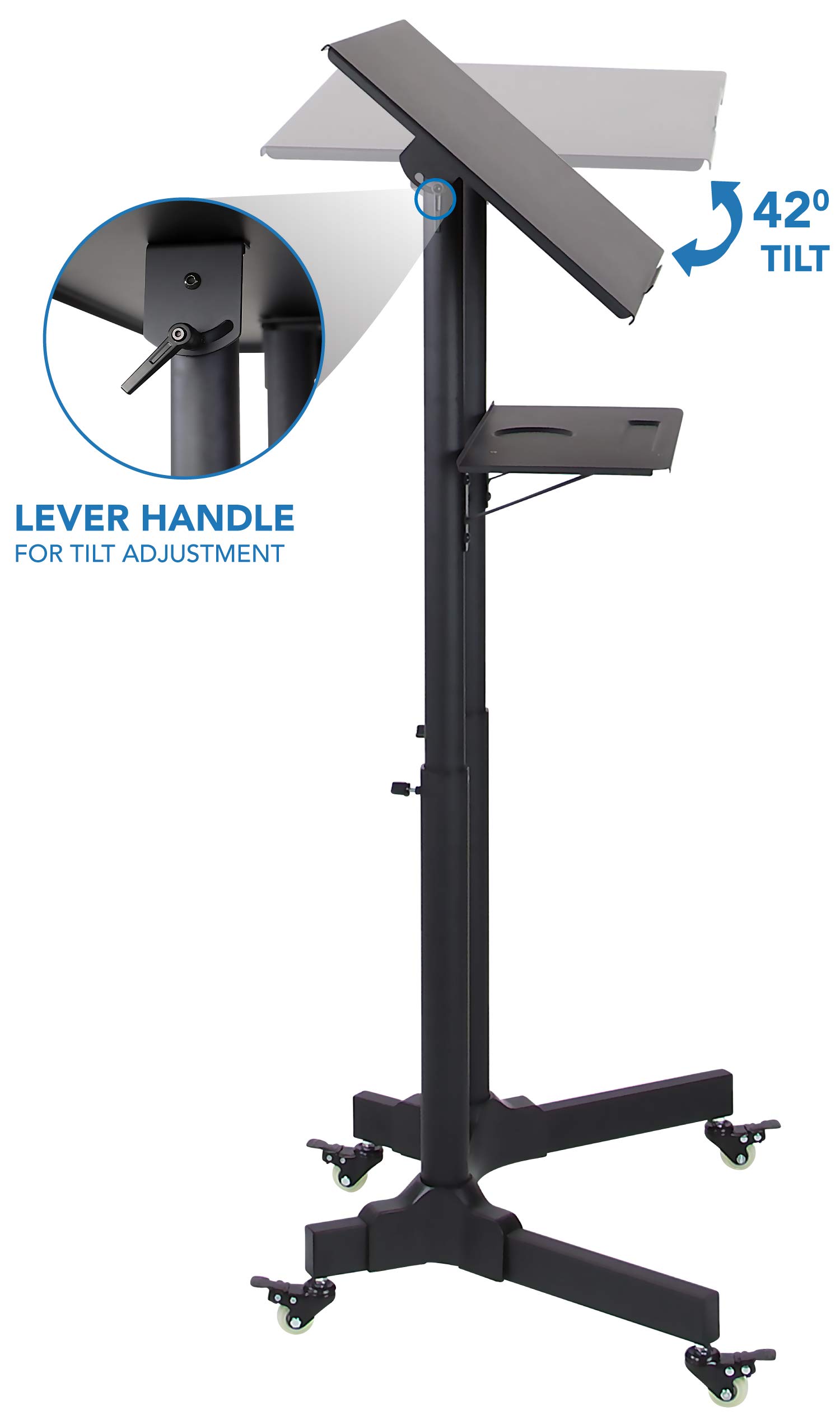 Mount-It! Adjustable Height Mobile Podium Stand with Wheels - Rolling Lectern & Portable Standing Desk with Tilted Shelf & Storage | Perfect for Office Presentations, Classroom Teaching & Conference Room Speeches