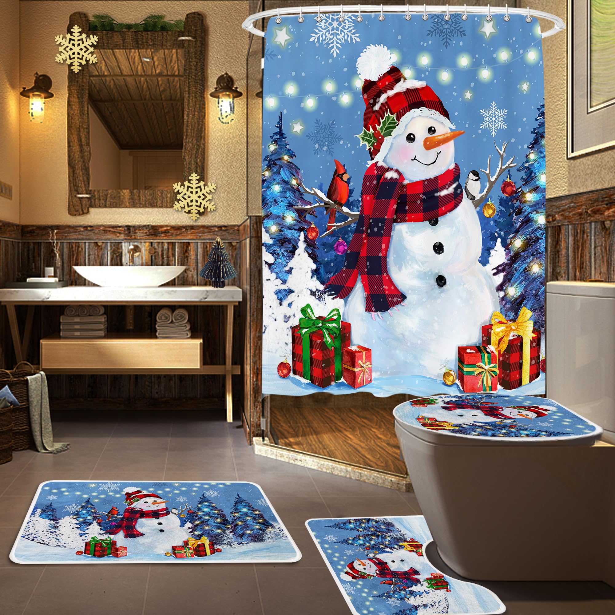 Snowman Christmas Shower Curtain Set - 4 Piece Bathroom Decor with 72x72 Inch Waterproof Curtain, Non-Slip Rug, Toilet Lid Cover & 12 Hooks - Holiday Blue Winter Theme for Bathroom, Guest Room & Seasonal Decor