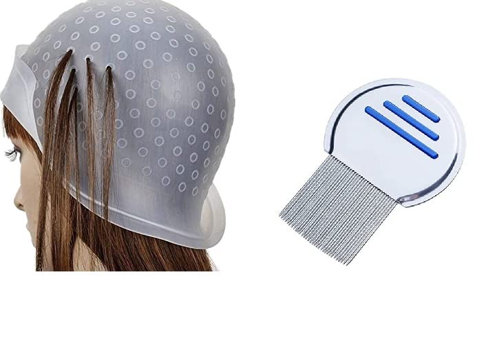 Premium Silicone Highlight Cap for Hair Coloring with Metal Hook & Stainless Steel Lice Comb - 2 Pack | Perfect for Salon Styling, DIY Hair Dye, and Safe Lice/Nit Egg Removal at Home