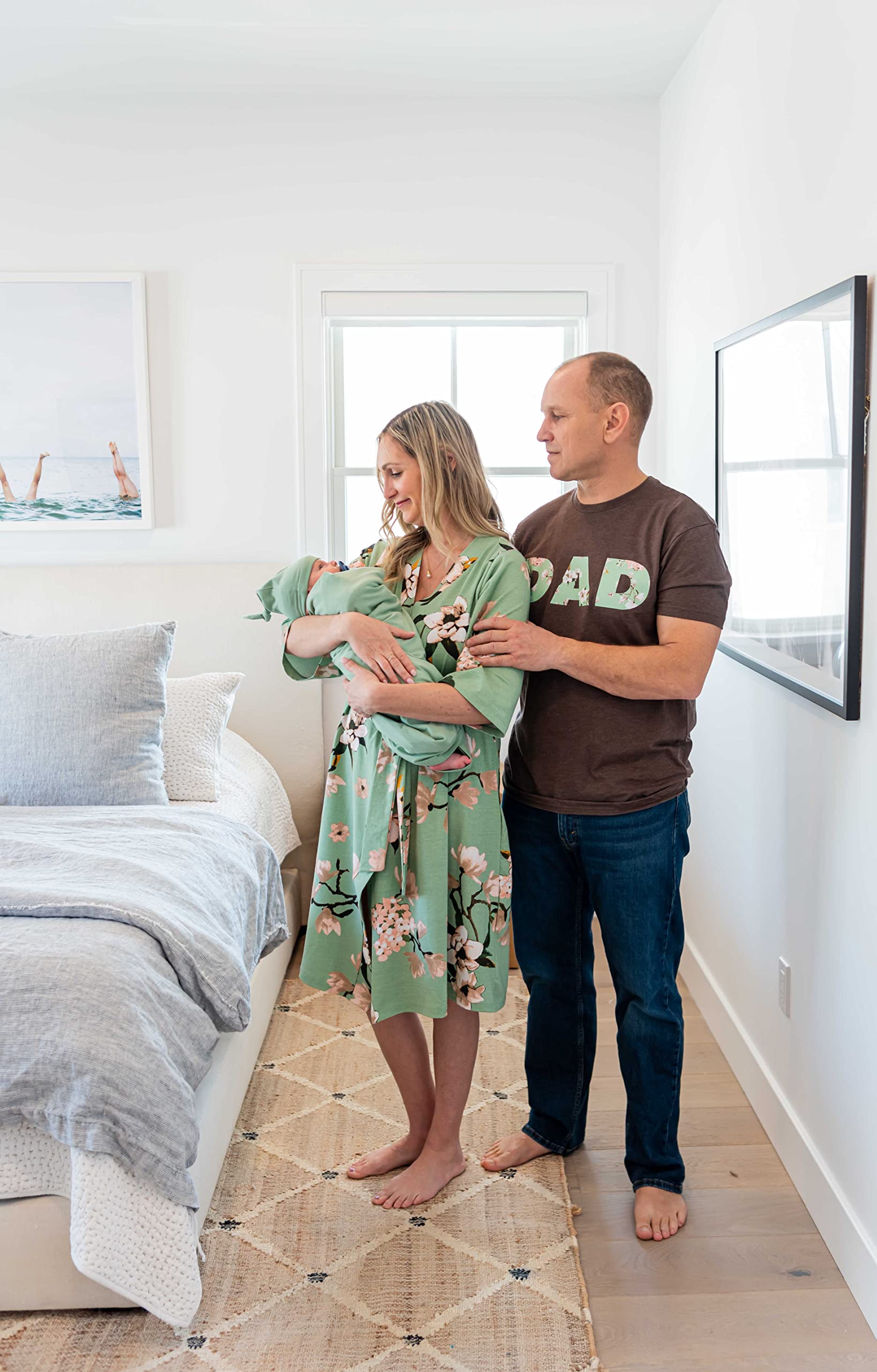Baby Be Mine Maternity Nursing Delivery Robe & Baby Girl Swaddle Blanket Set with Daddy T-Shirt - Soft Comfortable Postpartum Outfit & Newborn Essentials for Hospital, Home & Photo Shoots
