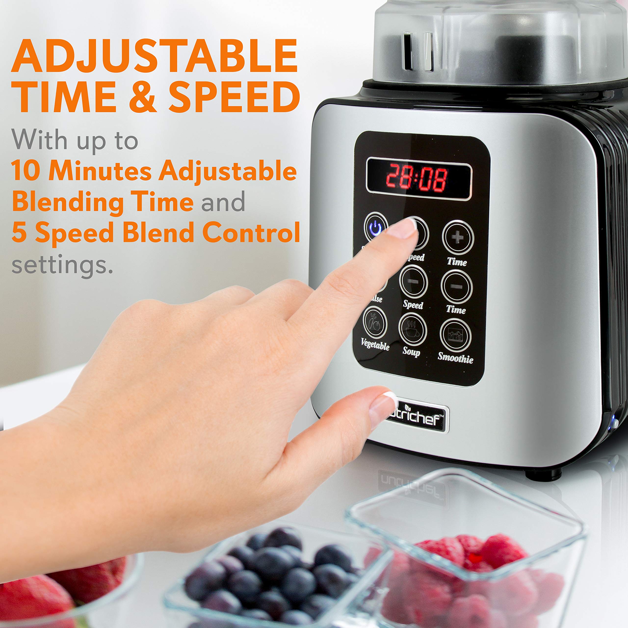 NutriChef NCBL1700 1.7L Professional Digital Electric Blender - High-Speed Countertop Blender for Smoothies, Shakes & Food Prep w/ Pulse Function, Timer & 6 Speed Settings - Perfect for Kitchen, Gym & Healthy Lifestyle