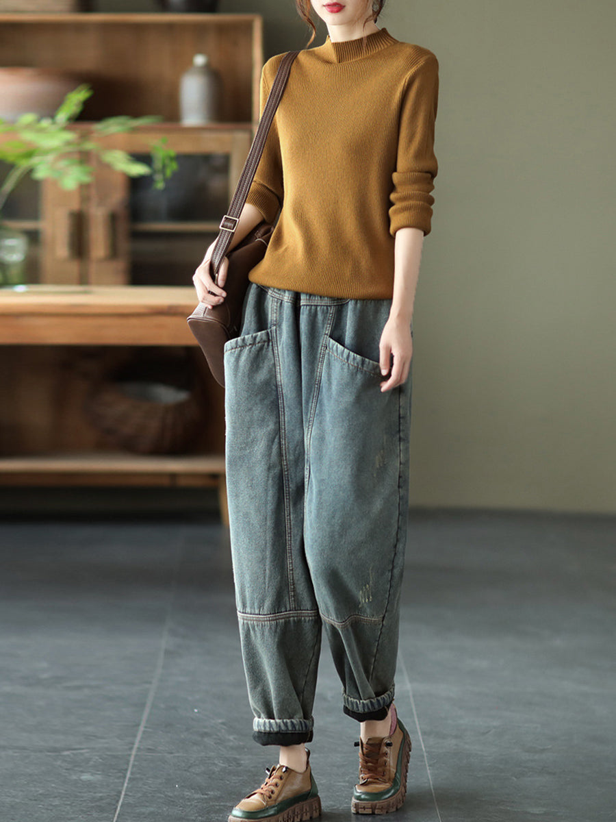 Plus Size Women's Retro Distressed Denim Fleece Lined Pants - High Waisted Stretch Jeans for Winter Warmth & Comfort - Perfect for Casual Outfits, Workwear & Cold Weather Fashion