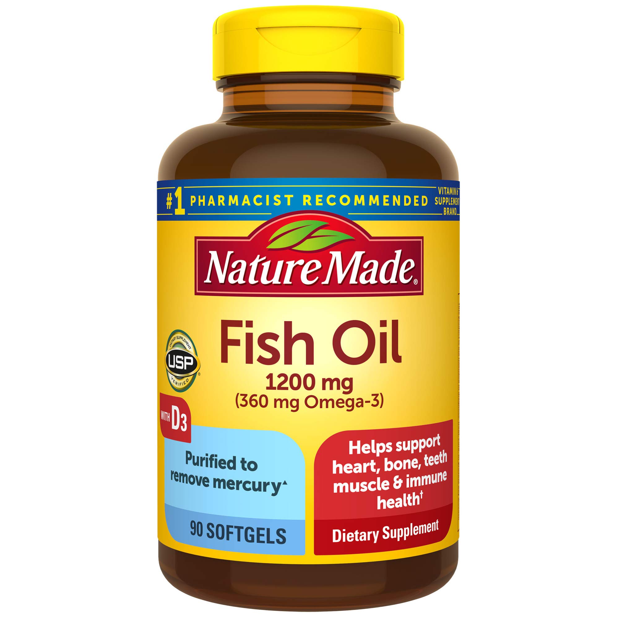 Nature Made Fish Oil Omega 3 1200mg with Vitamin D3 2000 IU - 90 Softgels (Pack of 3) - Supports Heart, Bone, Teeth, Muscle & Immune Health - Premium Omega 3 Supplement for Adults & Seniors - Perfect for Daily Wellness & Joint Support
