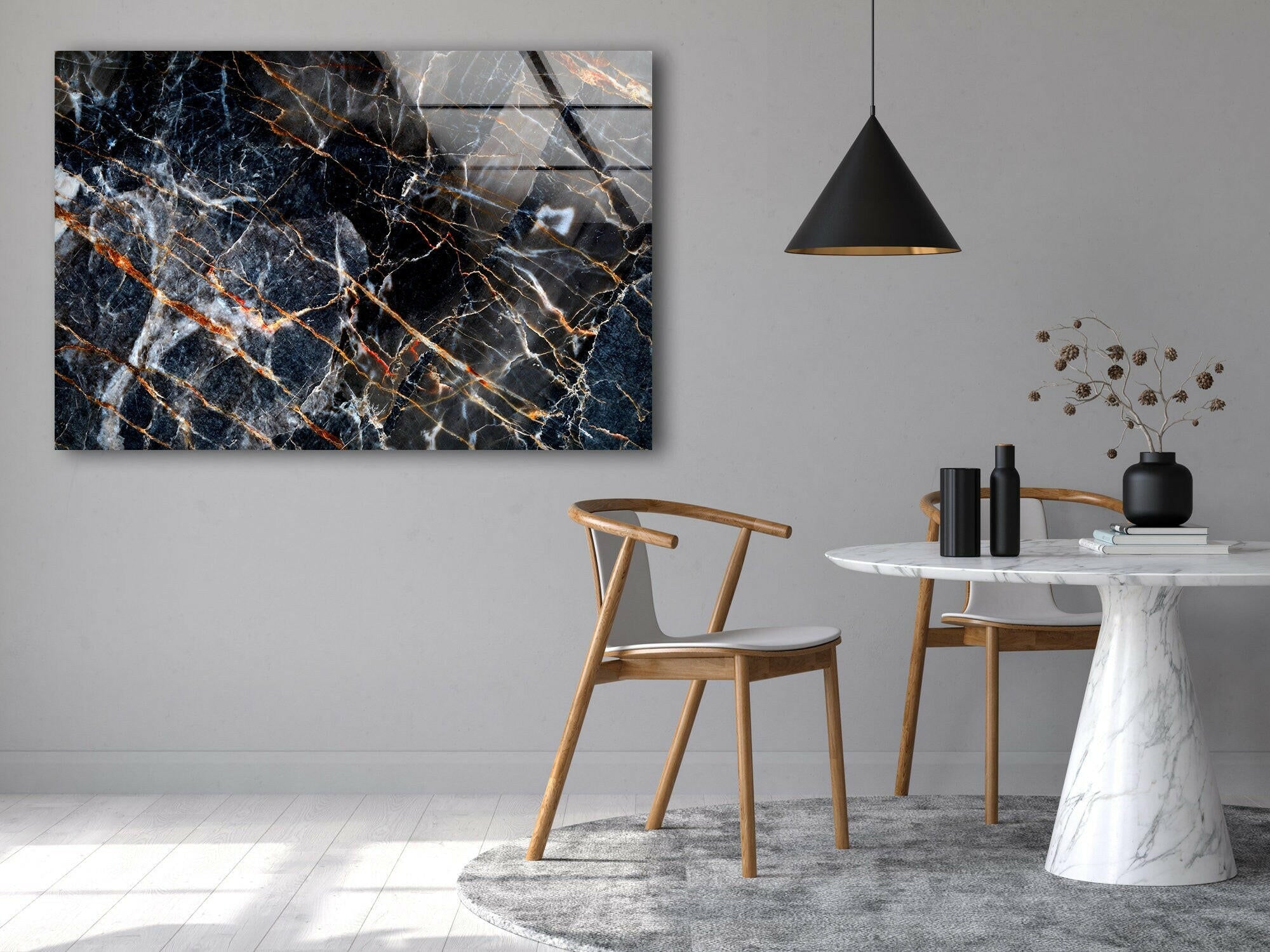 Modern Black Abstract Marble Glass Wall Art Decor - Elegant Home & Office Wall Decor for Living Room, Bedroom, Dining Area